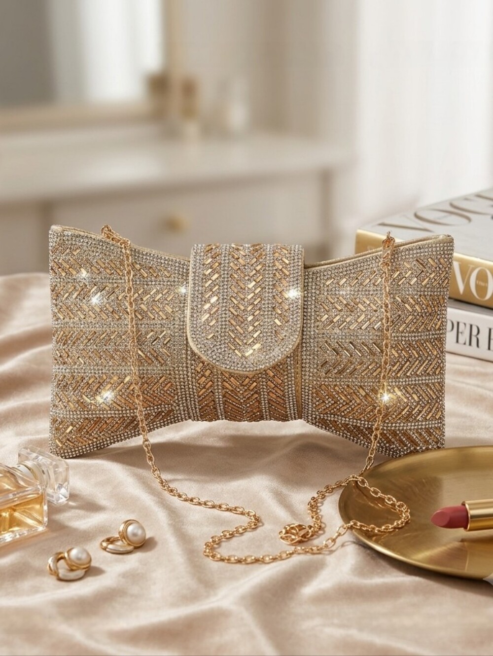 LMD/9000 Collection Women's Pavé Gold Rhinestone Bowtie Shape Clutch Handbag